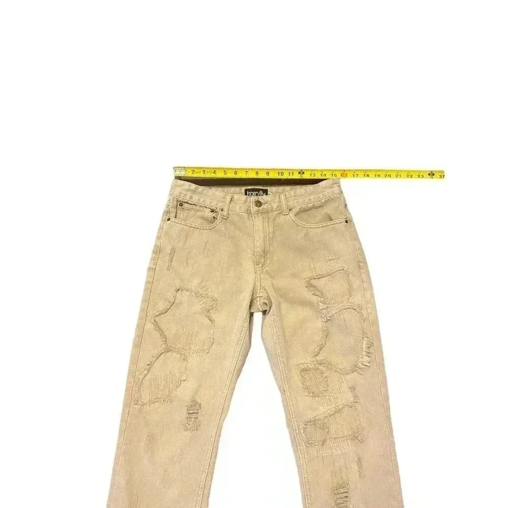 Born‎ Fly Distressed Patchwork Jeans Khaki Tan Size 32x30.5 Skinny - Picture 5 of 8